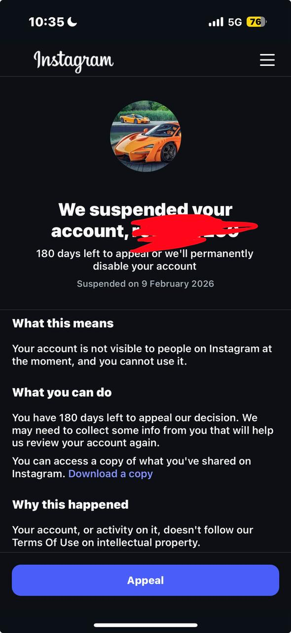 Example - Instagram suspended screen
