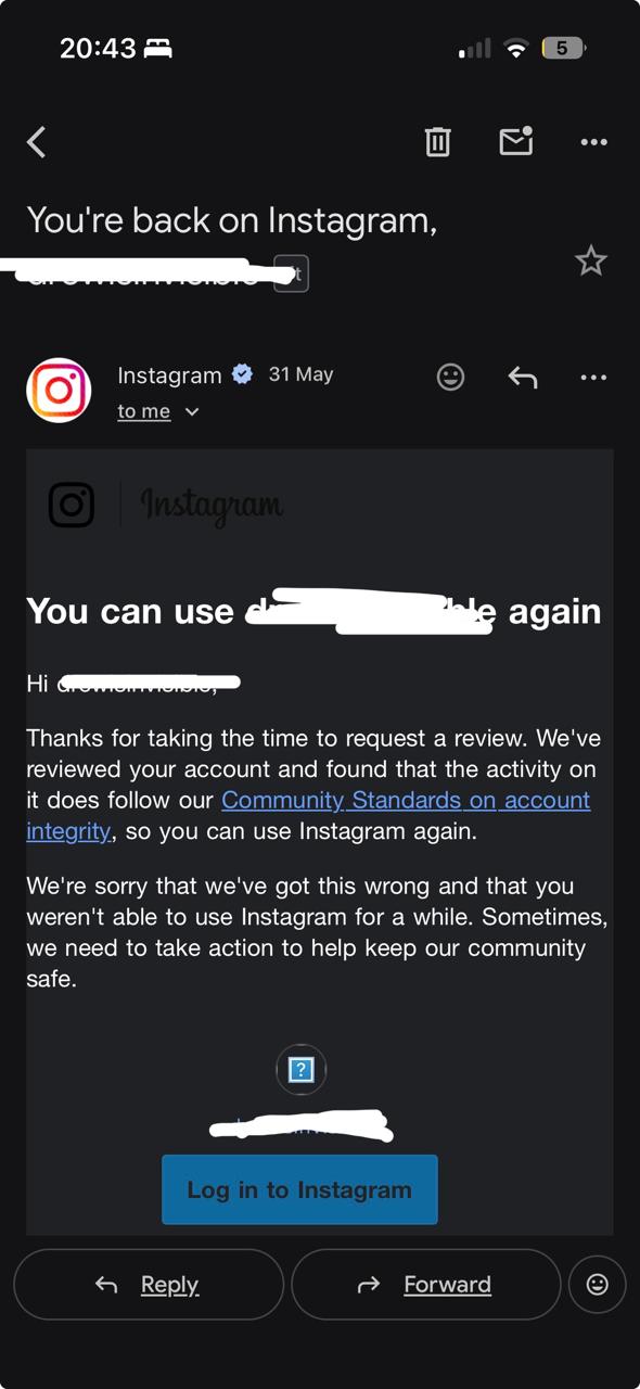 Instagram account recovery confirmation