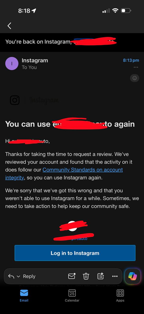 Instagram account recovery confirmation
